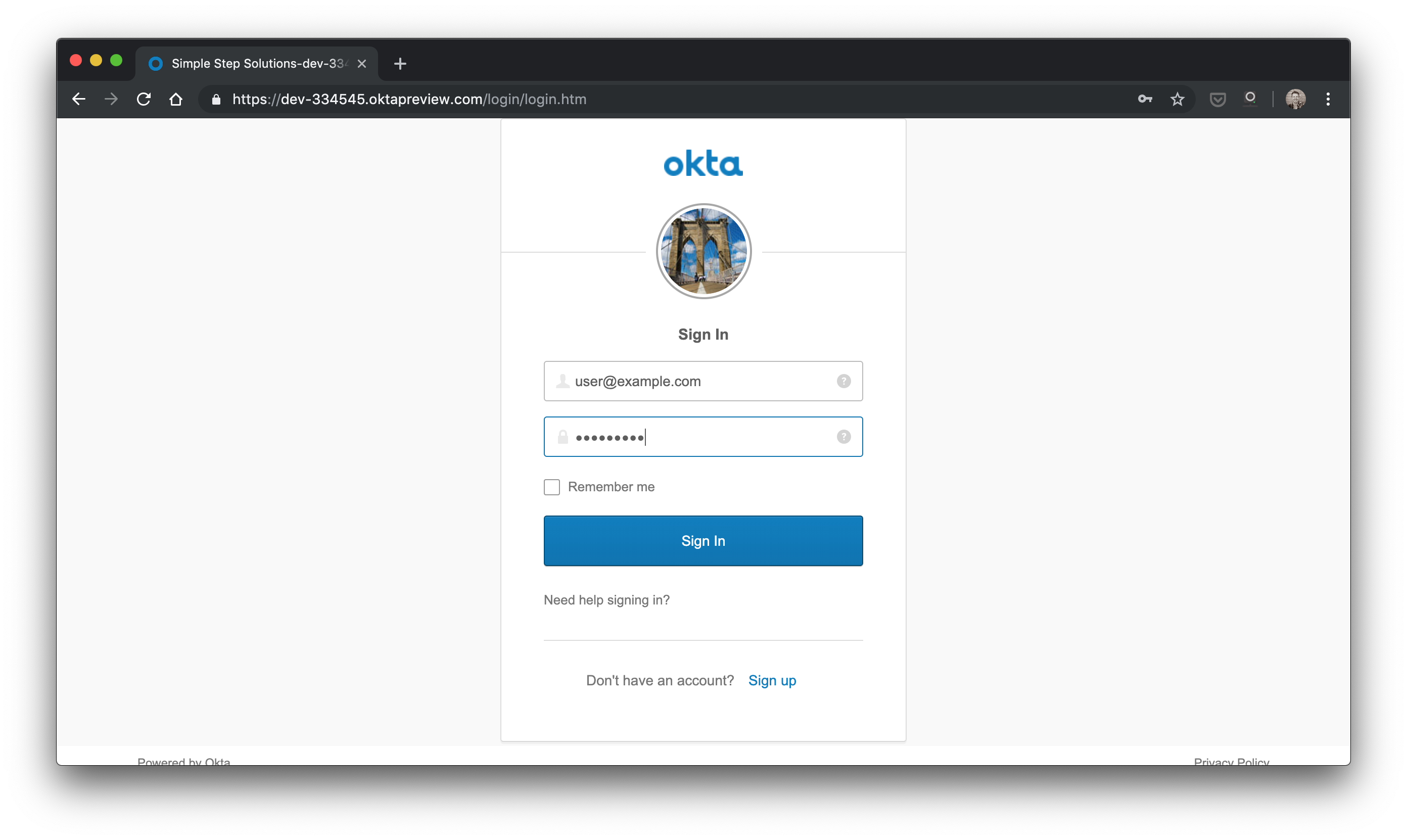 Okta IdP Login Page